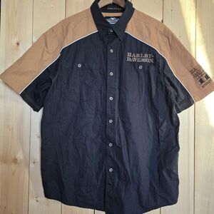 Harley Davidson 110th Anniversary Short Sleeve Button Up Shirt Black Tan Mens XL
